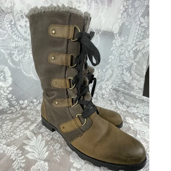 Sorel Major Tall Moto Leather Suede Boots Women Winter 10 Faux Fur Lined Lace Up - Picture 2 of 6